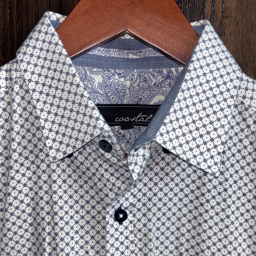 Coastal Men's White Dress Shirt with Navy Micro-Print